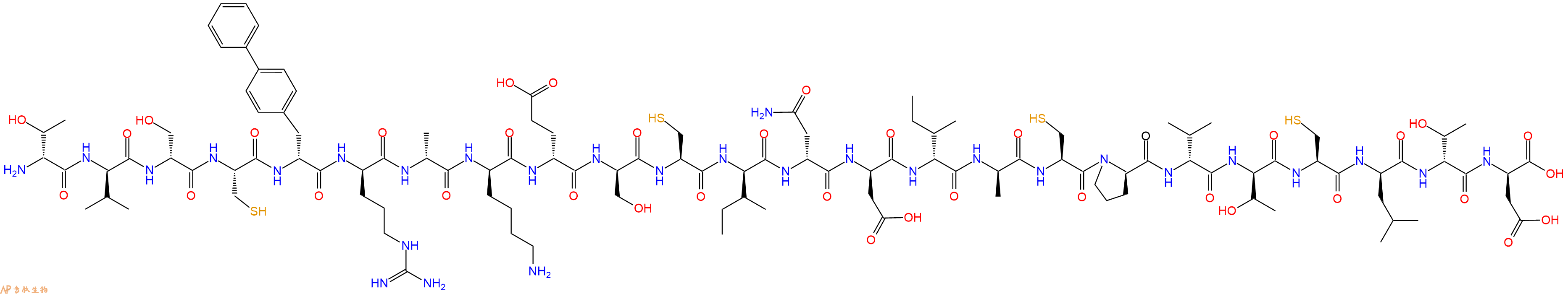 专肽生物产品H2N-DThr-DVal-DSer-Cys-DBip-DArg-DAla-DLys-DGlu-DSer-Cys-DIle-DAsn-DAsp-DIle-DAla-Cys-DPro-DVal-DThr-Cys-DLeu-DThr-DAsp-OH