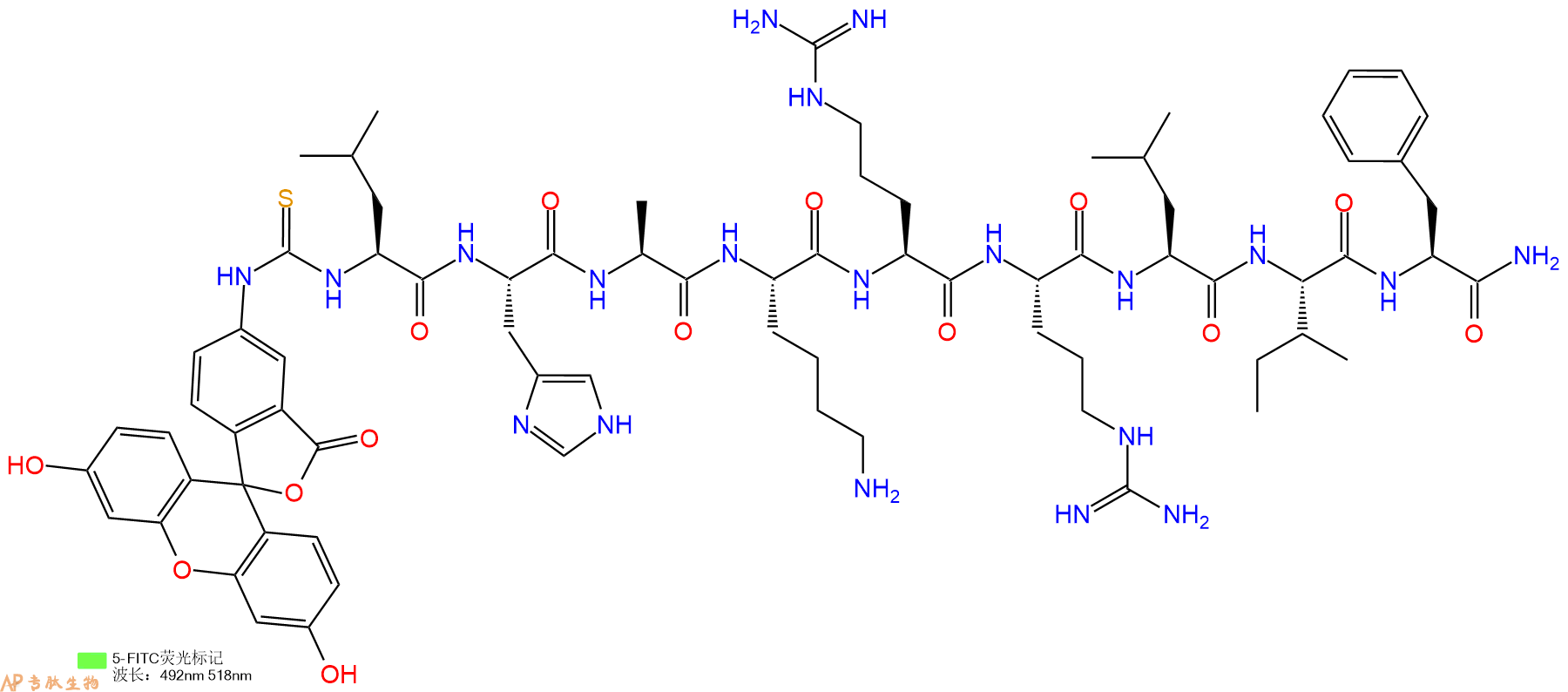 专肽生物产品5FITC-Leu-His-Ala-Lys-Arg-Arg-Leu-Ile-Phe-CONH2