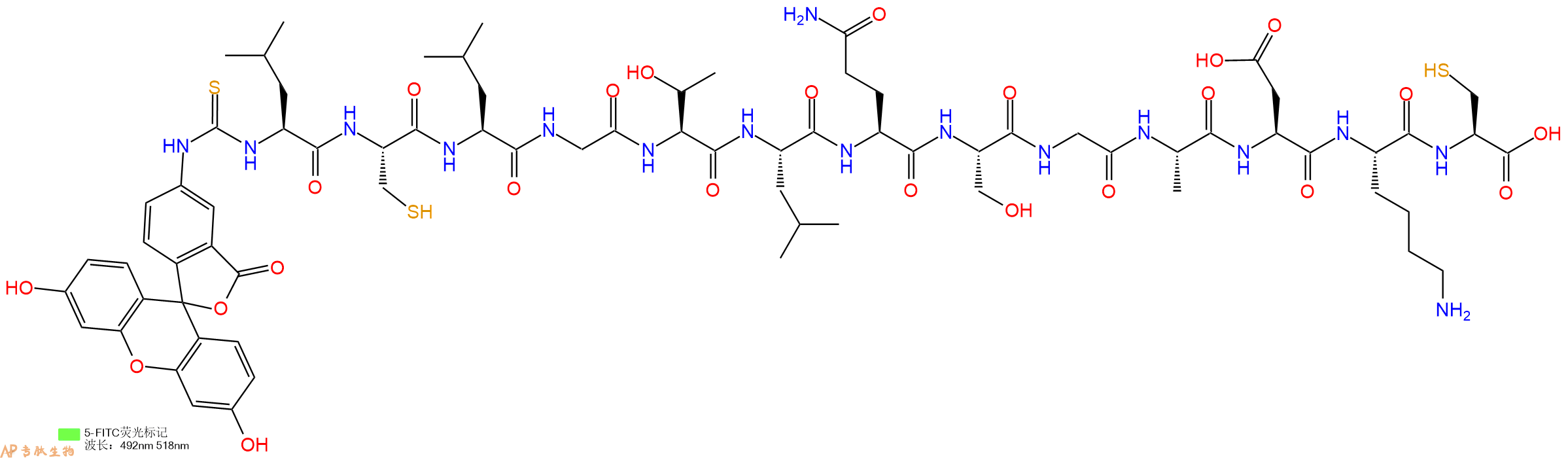 专肽生物产品5FITC-Leu-Cys-Leu-Gly-Thr-Leu-Gln-Ser-Gly-Ala-Asp-Lys-Cys-OH