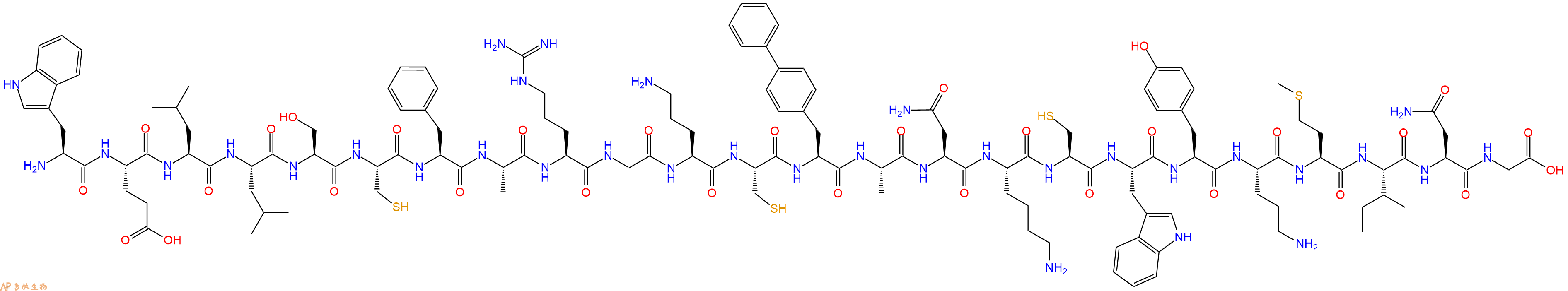 专肽生物产品H2N-Trp-Glu-Leu-Leu-Ser-Cys-Phe-Ala-Arg-Gly-Orn-Cys-Bip-Ala-Asn-Lys-Cys-Trp-Tyr-Orn-Met-Ile-Asn-Gly-OH