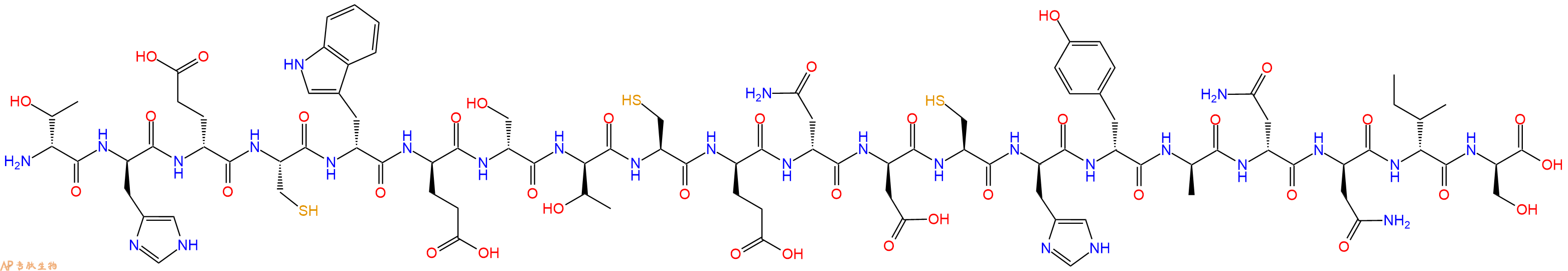 专肽生物产品H2N-DThr-DHis-DGlu-Cys-DTrp-DGlu-DSer-DThr-Cys-DGlu-DAsn-DAsp-Cys-DHis-DTyr-DAla-DAsn-DAsn-DIle-DSer-OH