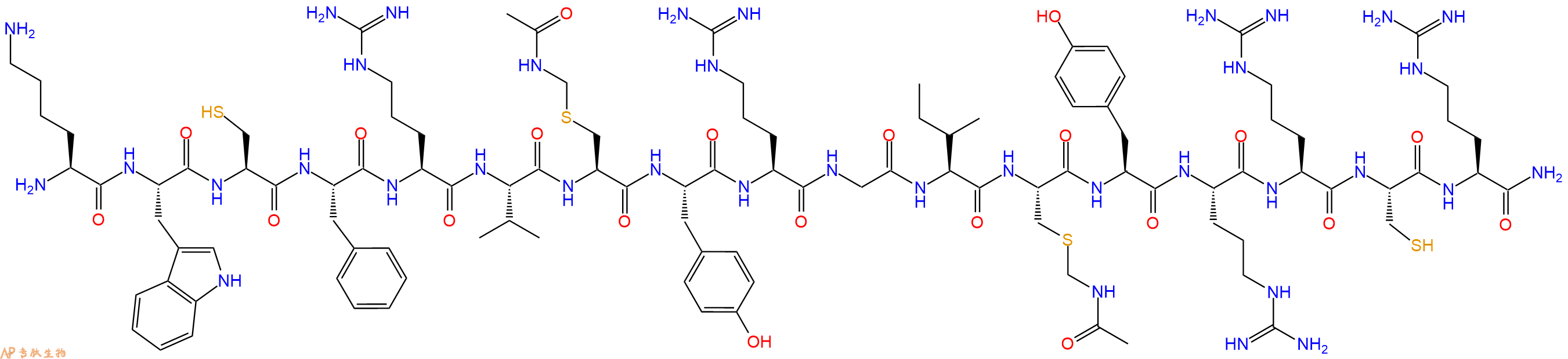专肽生物产品H2N-Lys-Trp-Cys-Phe-Arg-Val-Cys(Acm)-Tyr-Arg-Gly-Ile-Cys(Acm)-Tyr-Arg-Arg-Cys-Arg-CONH2
