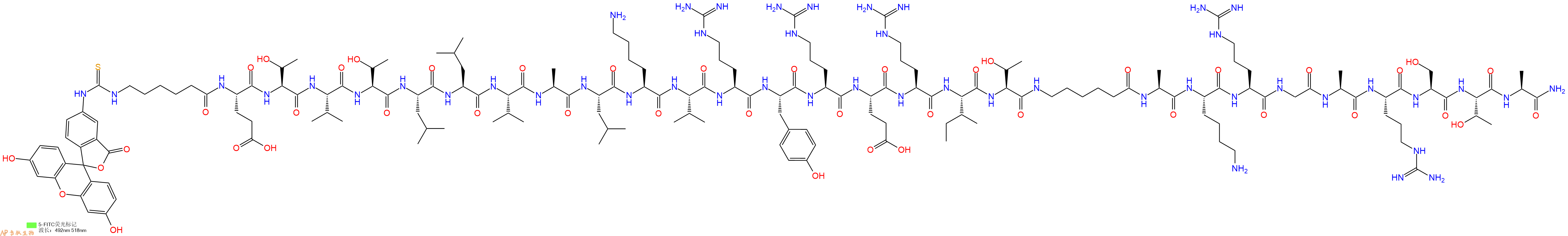 专肽生物产品5FITC-Ahx-Glu-Thr-Val-Thr-Leu-Leu-Val-Ala-Leu-Lys-Val-Arg-Tyr-Arg-Glu-Arg-Ile-Thr-Ahx-Ala-Lys-Arg-Gly-Ala-Arg-Ser-Thr-Ala-CONH2
