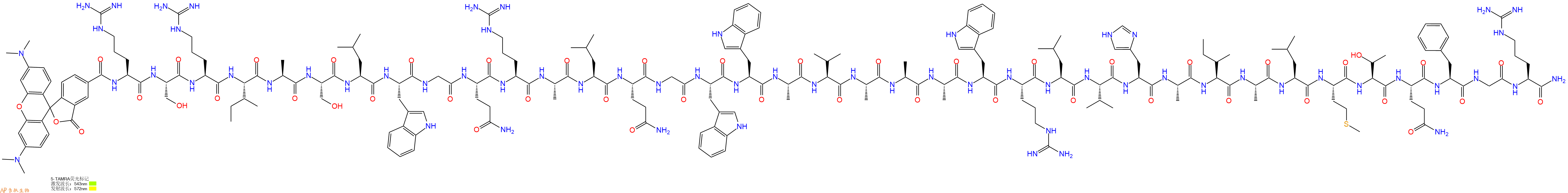 专肽生物产品5TAMRA-Arg-Ser-Arg-Ile-Ala-Ser-Leu-Trp-Gly-Gln-Arg-Ala-Leu-Gln-Gly-Trp-Trp-Ala-Val-Ala-Ala-Ala-Trp-Arg-Leu-Val-His-Ala-Ile-Ala-Leu-Met-Thr-Gln-Phe-Gly-Arg-CONH2