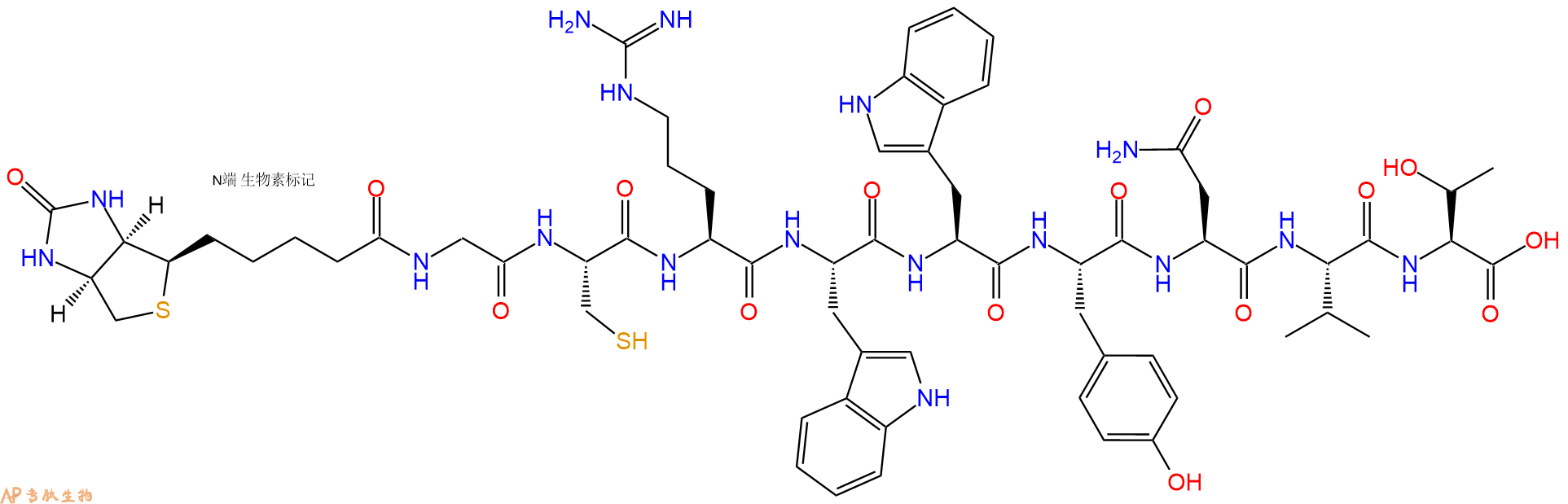 专肽生物产品Biotinyl-Gly-Cys-Arg-Trp-Trp-Tyr-Asn-Val-Thr-OH