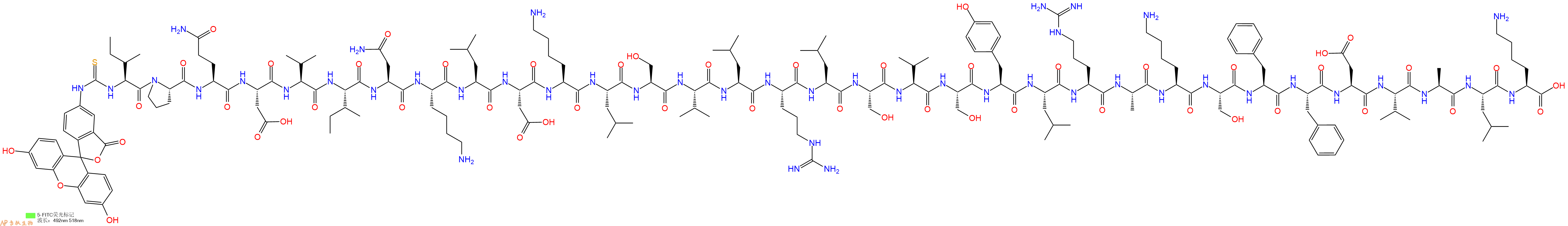 专肽生物产品5FITC-Ile-Pro-Gln-Asp-Val-Ile-Asn-Lys-Leu-Asp-Lys-Leu-Ser-Val-Leu-Arg-Leu-Ser-Val-Ser-Tyr-Leu-Arg-Ala-Lys-Ser-Phe-Phe-Asp-Val-Ala-Leu-Lys-OH