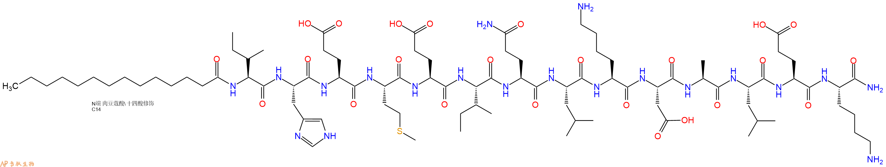 专肽生物产品Myristicacid-Ile-His-Glu-Met-Glu-Ile-Gln-Leu-Lys-Asp-Ala-Leu-Glu-Lys-CONH2