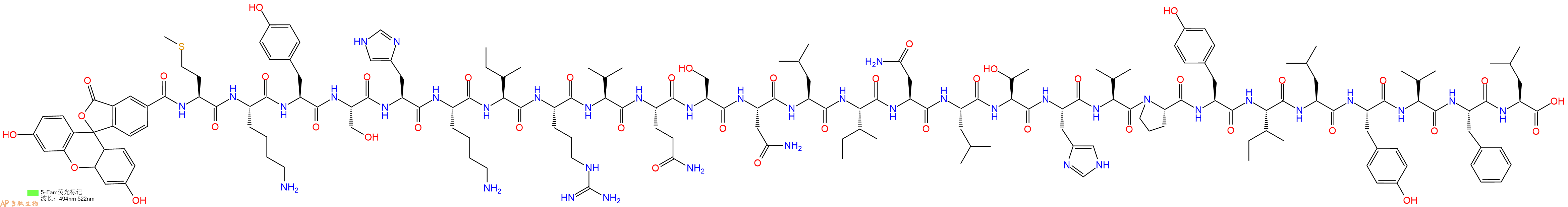 专肽生物产品5FAM-Met-Lys-Tyr-Ser-His-Lys-Ile-Arg-Val-Gln-Ser-Asn-Leu-Ile-Asn-Leu-Thr-His-Val-Pro-Tyr-Ile-Leu-Tyr-Val-Phe-Leu-OH