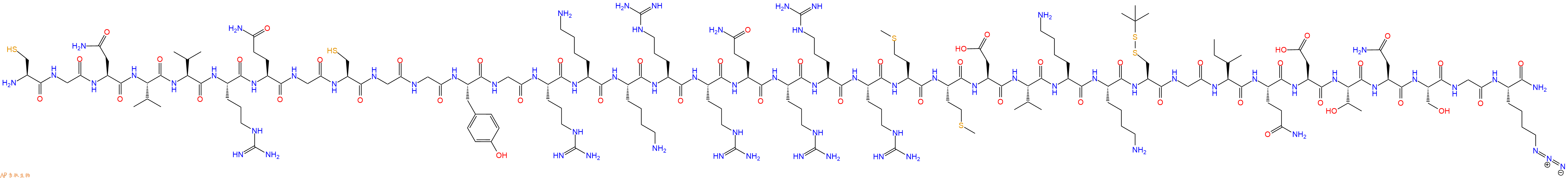 专肽生物产品H2N-Cys-Gly-Asn-Val-Val-Arg-Gln-Gly-Cys-Gly-Gly-Tyr-Gly-Arg-Lys-Lys-Arg-Arg-Gln-Arg-Arg-Arg-Met-Met-Asp-Val-Lys-Lys-Cys(StBu)-Gly-Ile-Gln-Asp-Thr-Asn-Ser-Gly-Lys(N3)-CONH2