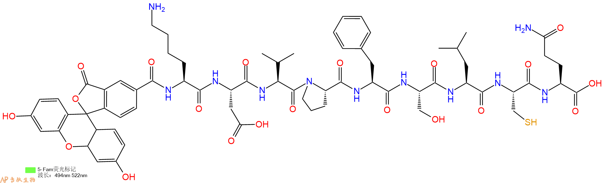 专肽生物产品5FAM-Lys-Asp-Val-Pro-Phe-Ser-Leu-Cys-Gln-OH