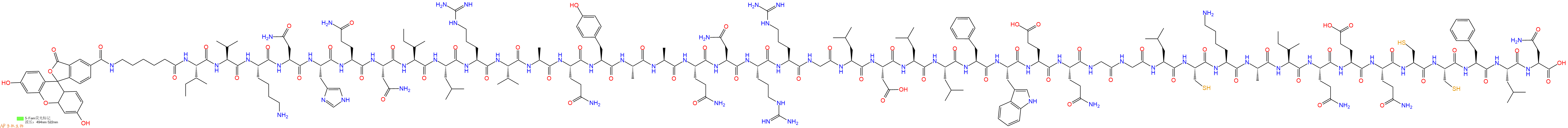 专肽生物产品5FAM-Ahx-Ile-Val-Lys-Asn-His-Gln-Asn-Ile-Leu-Arg-Val-Ala-Gln-Tyr-Ala-Ala-Gln-Asn-Arg-Arg-Gly-Leu-Asp-Leu-Leu-Phe-Trp-Glu-Gln-Gly-Gly-Leu-Cys-Lys-Ala-Ile-Gln-Glu-Gln-Cys-Cys-Phe-Leu-Asn-OH