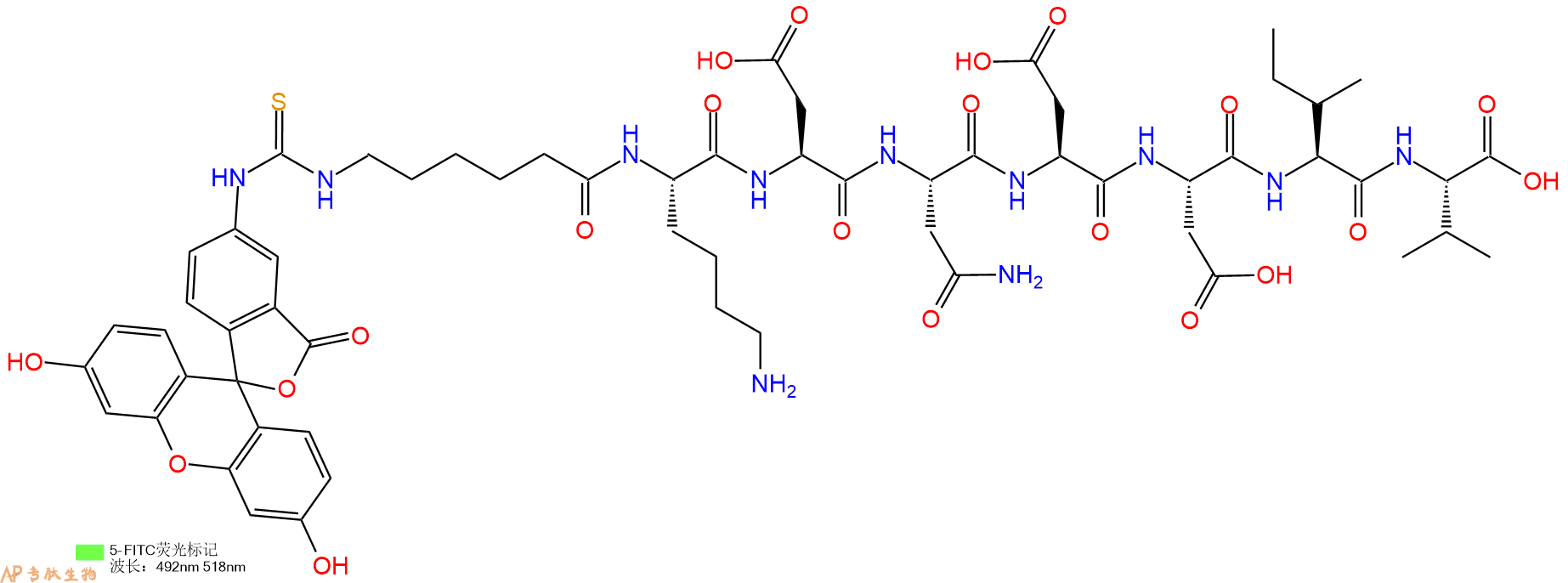 专肽生物产品5FITC-Ahx-Lys-Asp-Asn-Asp-Asp-Ile-Val-OH