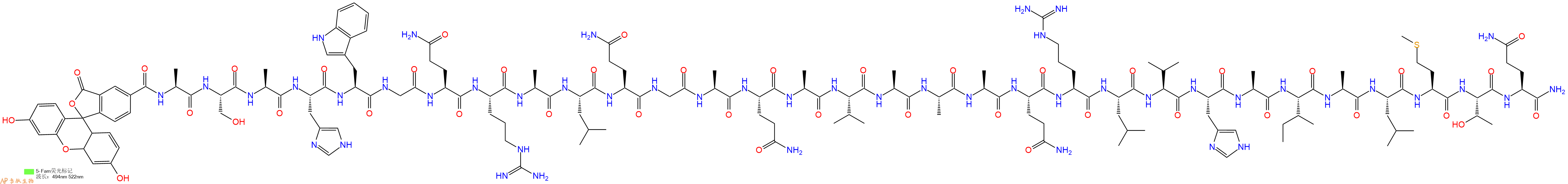 专肽生物产品5FAM-Ala-Ser-Ala-His-Trp-Gly-Gln-Arg-Ala-Leu-Gln-Gly-Ala-Gln-Ala-Val-Ala-Ala-Ala-Gln-Arg-Leu-Val-His-Ala-Ile-Ala-Leu-Met-Thr-Gln-CONH2