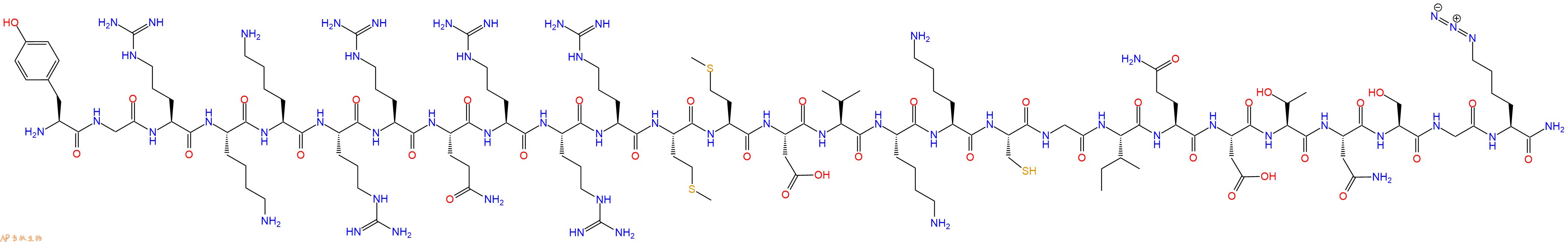 专肽生物产品H2N-Tyr-Gly-Arg-Lys-Lys-Arg-Arg-Gln-Arg-Arg-Arg-Met-Met-Asp-Val-Lys-Lys-Cys-Gly-Ile-Gln-Asp-Thr-Asn-Ser-Gly-Lys(N3)-CONH2
