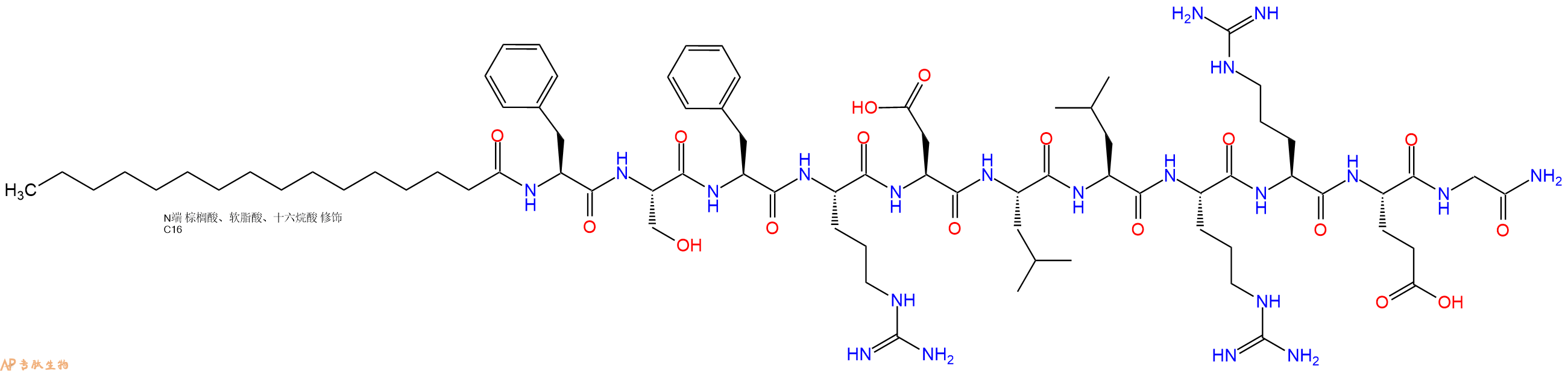 专肽生物产品Palmiticacid-Phe-Ser-Phe-Arg-Asp-Leu-Leu-Arg-Arg-Glu-Gly-CONH2
