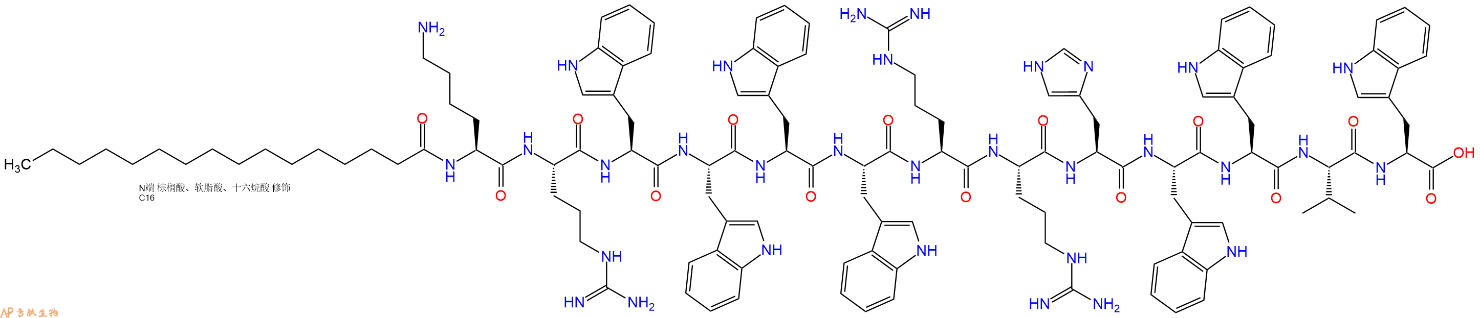 专肽生物产品Palmiticacid-Lys-Arg-Trp-Trp-Trp-Trp-Arg-Arg-His-Trp-Trp-Val-Trp-OH