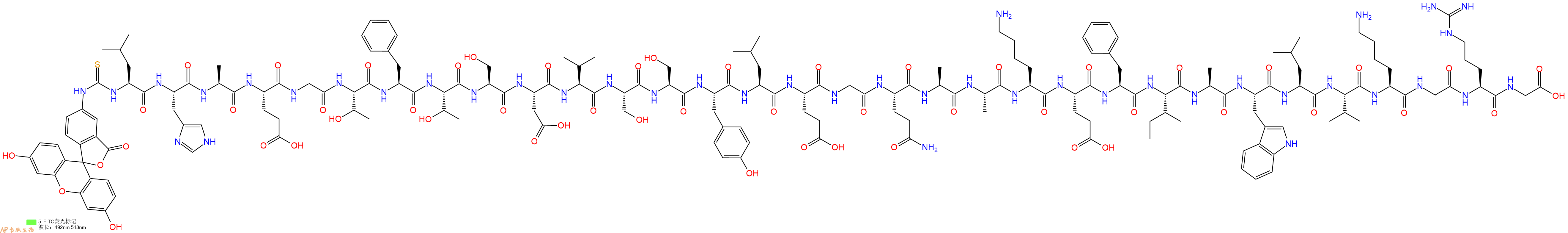 专肽生物产品5FITC-Leu-His-Ala-Glu-Gly-Thr-Phe-Thr-Ser-Asp-Val-Ser-Ser-Tyr-Leu-Glu-Gly-Gln-Ala-Ala-Lys-Glu-Phe-Ile-Ala-Trp-Leu-Val-Lys-Gly-Arg-Gly-OH