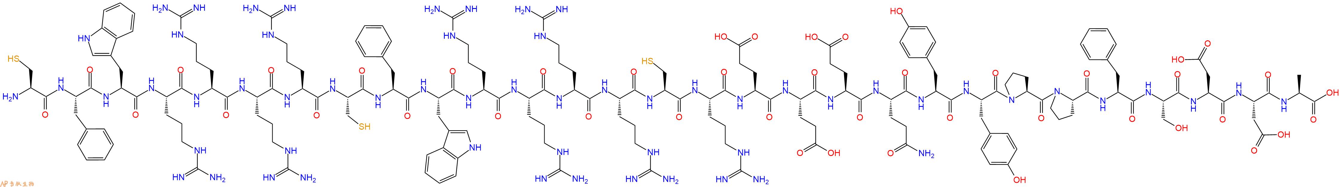 专肽生物产品H2N-Cys-Phe-Trp-Arg-Arg-Arg-Arg-Cys-Phe-Trp-Arg-Arg-Arg-Arg-Cys-Arg-Glu-Glu-Glu-Gln-Tyr-Tyr-Pro-Pro-Phe-Ser-Asp-Asp-Ala-OH