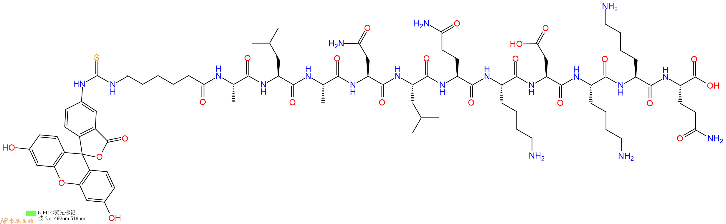 专肽生物产品5FITC-Ahx-Ala-Leu-Ala-Asn-Leu-Gln-Lys-Asp-Lys-Lys-Gln-OH