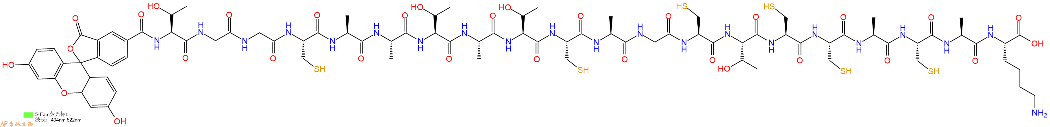 专肽生物产品5FAM-Thr-Gly-Gly-Cys-Ala-Ala-Thr-Ala-Thr-Cys-Ala-Gly-Cys-Thr-Cys-Cys-Ala-Cys-Ala-Lys-OH