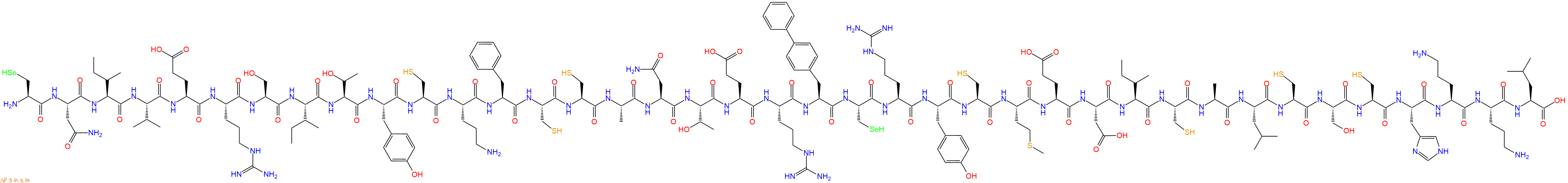 专肽生物产品H2N-Sec-Asn-Ile-Val-Glu-Arg-Ser-Ile-Thr-Tyr-Cys-Orn-Phe-Cys-Cys-Ala-Asn-Thr-Glu-Arg-Bip-Sec-Arg-Tyr-Cys-Met-Glu-Asp-Ile-Cys-Ala-Leu-Cys-Ser-Cys-His-Orn-Orn-Leu-OH