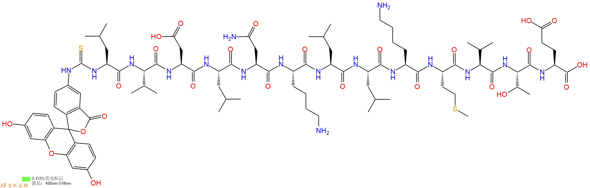 专肽生物产品5FITC-Leu-Val-Asp-Leu-Asn-Lys-Leu-Leu-Lys-Met-Val-Thr-Glu-OH