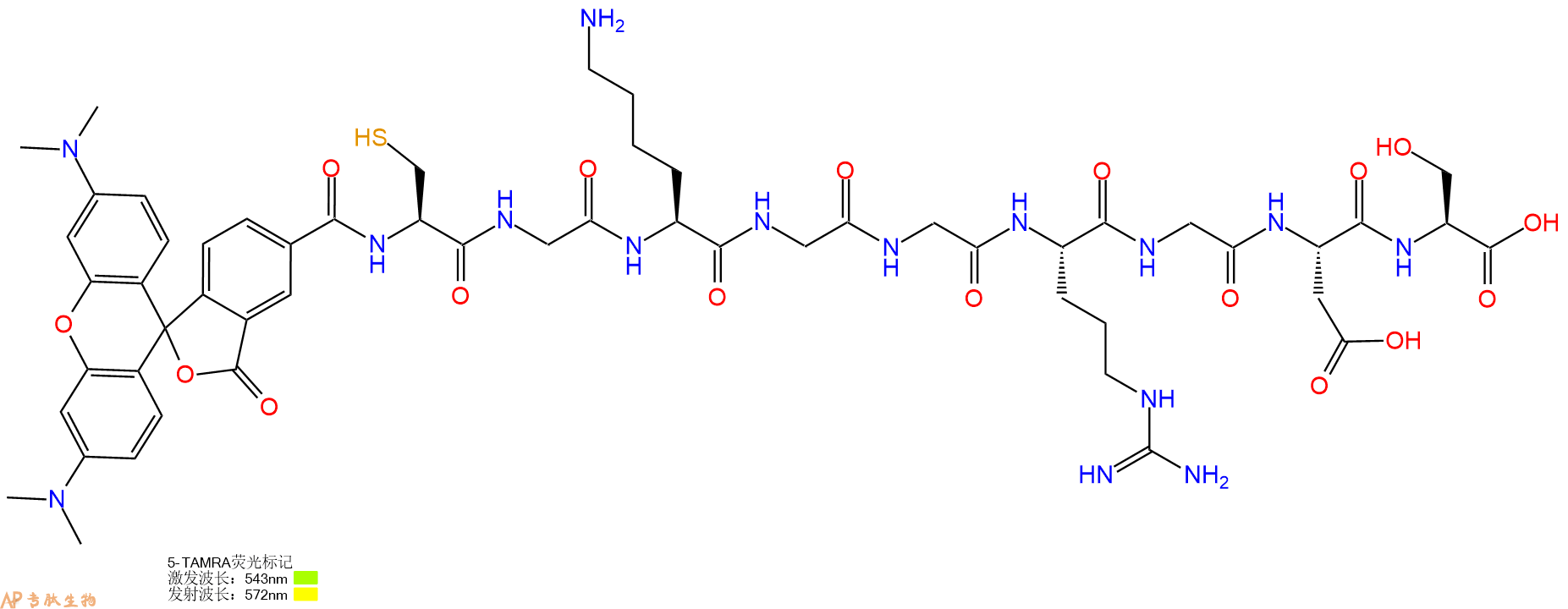 专肽生物产品5TAMRA-Cys-Gly-Lys-Gly-Gly-Arg-Gly-Asp-Ser-OH
