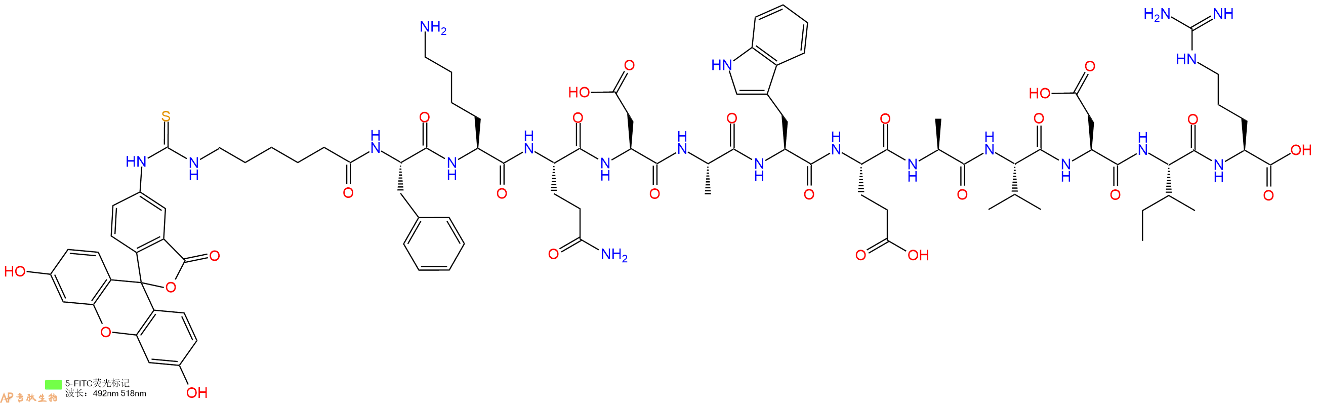 专肽生物产品5FITC-Ahx-Phe-Lys-Gln-Asp-Ala-Trp-Glu-Ala-Val-Asp-Ile-Arg-OH