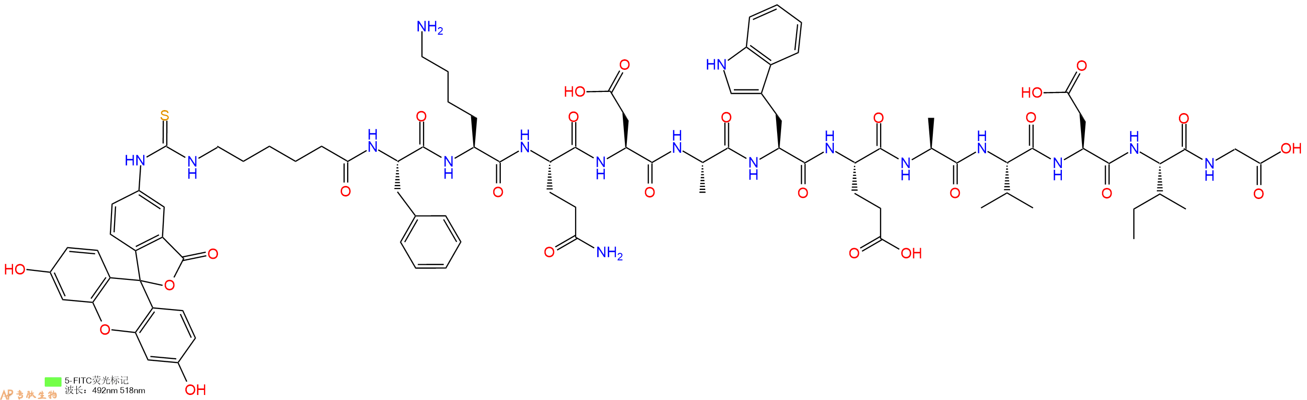 专肽生物产品5FITC-Ahx-Phe-Lys-Gln-Asp-Ala-Trp-Glu-Ala-Val-Asp-Ile-Gly-OH