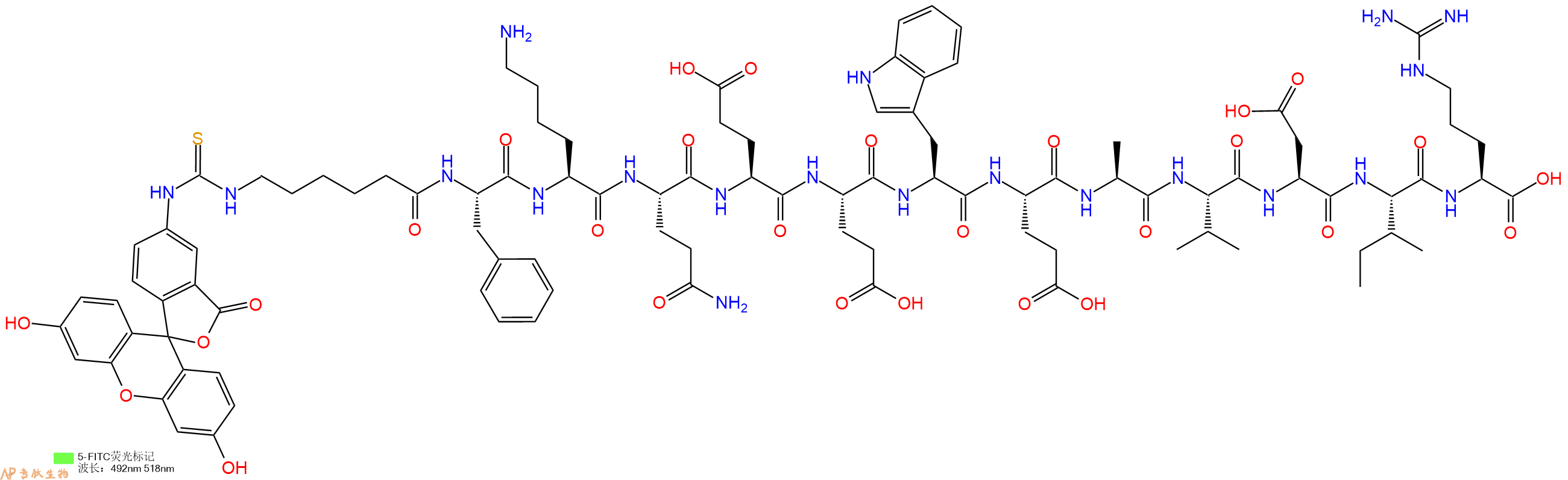 专肽生物产品5FITC-Ahx-Phe-Lys-Gln-Glu-Glu-Trp-Glu-Ala-Val-Asp-Ile-Arg-OH