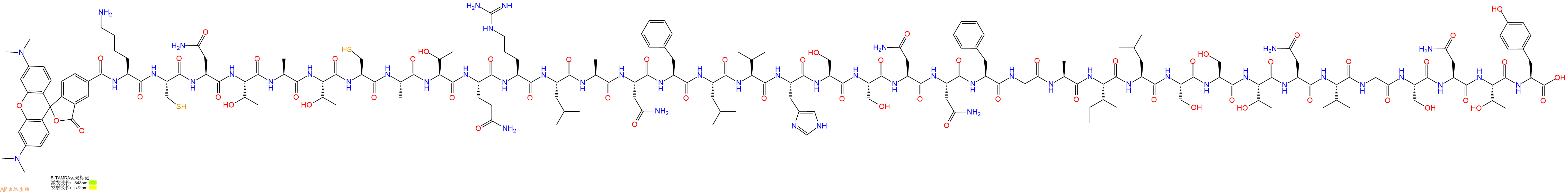 专肽生物产品5TAMRA-Lys-Cys-Asn-Thr-Ala-Thr-Cys-Ala-Thr-Gln-Arg-Leu-Ala-Asn-Phe-Leu-Val-His-Ser-Ser-Asn-Asn-Phe-Gly-Ala-Ile-Leu-Ser-Ser-Thr-Asn-Val-Gly-Ser-Asn-Thr-Tyr-OH