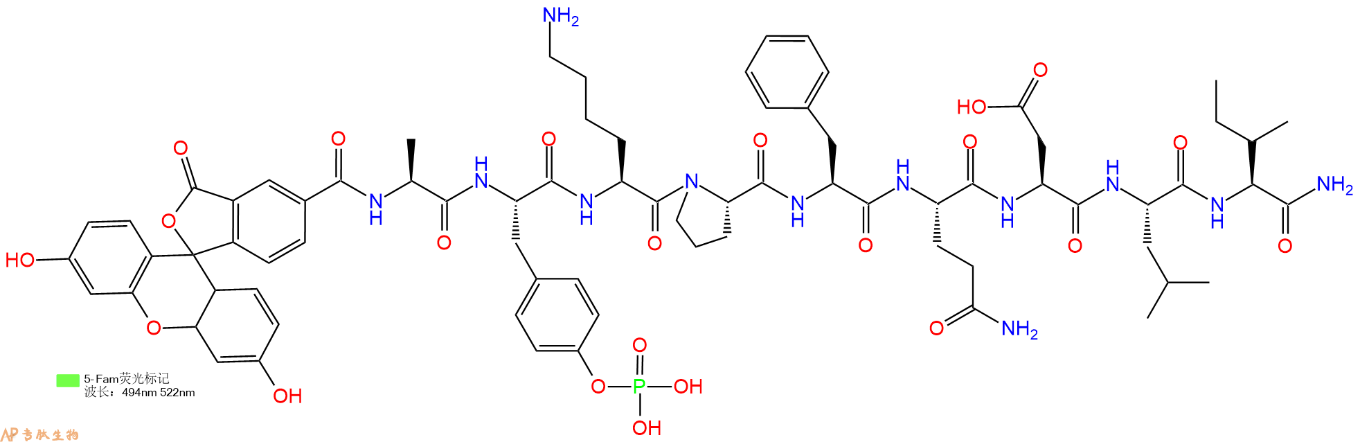 专肽生物产品5FAM-Ala-Tyr(PO3H2)-Lys-Pro-Phe-Gln-Asp-Leu-Ile-CONH2
