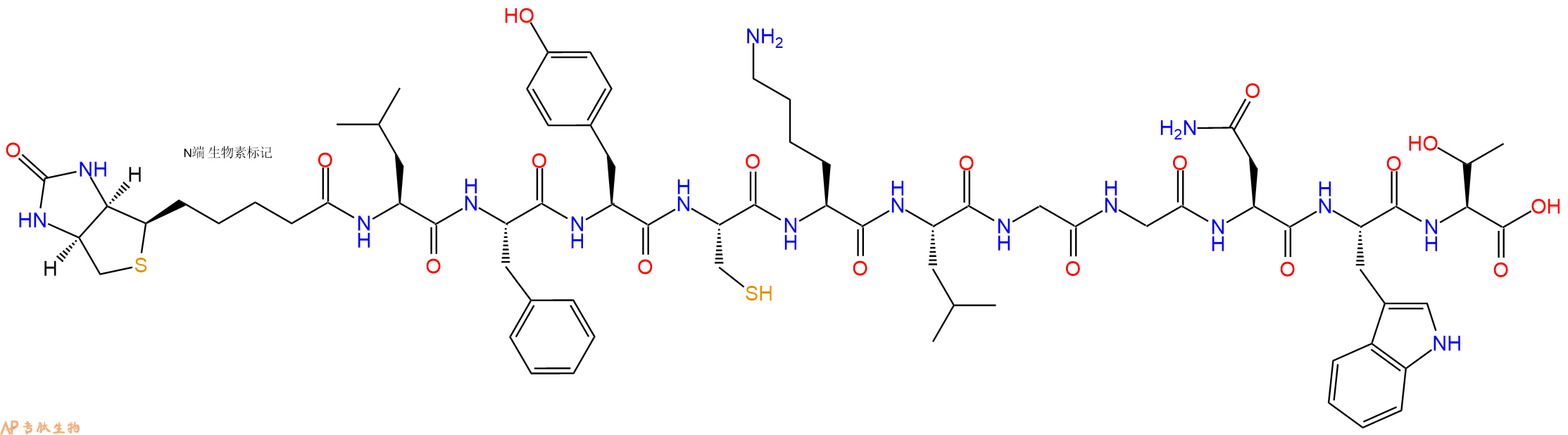 专肽生物产品Biotinyl-Leu-Phe-Tyr-Cys-Lys-Leu-Gly-Gly-Asn-Trp-Thr-OH