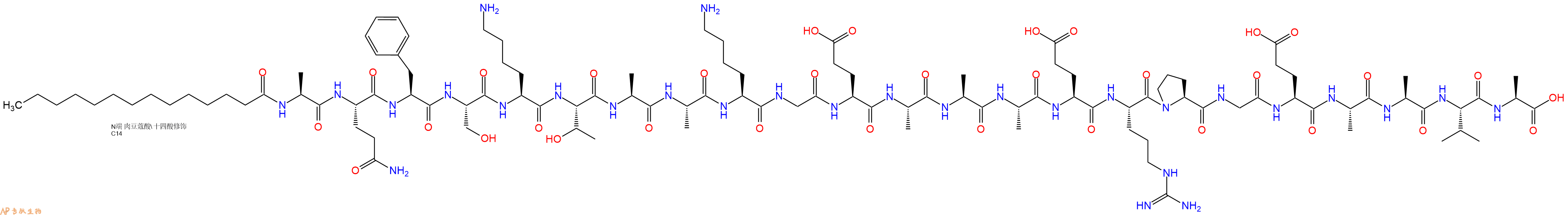 专肽生物产品Myristicacid-Ala-Gln-Phe-Ser-Lys-Thr-Ala-Ala-Lys-Gly-Glu-Ala-Ala-Ala-Glu-Arg-Pro-Gly-Glu-Ala-Ala-Val-Ala-OH