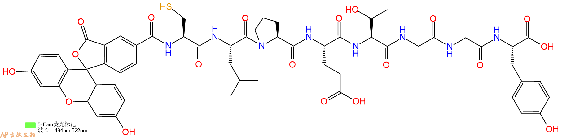 专肽生物产品5FAM-Cys-Leu-Pro-Glu-Thr-Gly-Gly-Tyr-OH