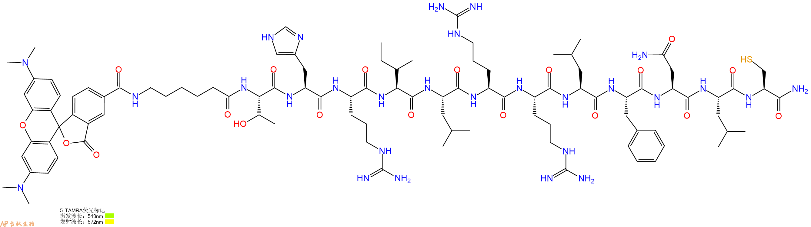 专肽生物产品5TAMRA-Ahx-Thr-His-Arg-Ile-Leu-Arg-Arg-Leu-Phe-Asn-Leu-Cys-CONH2