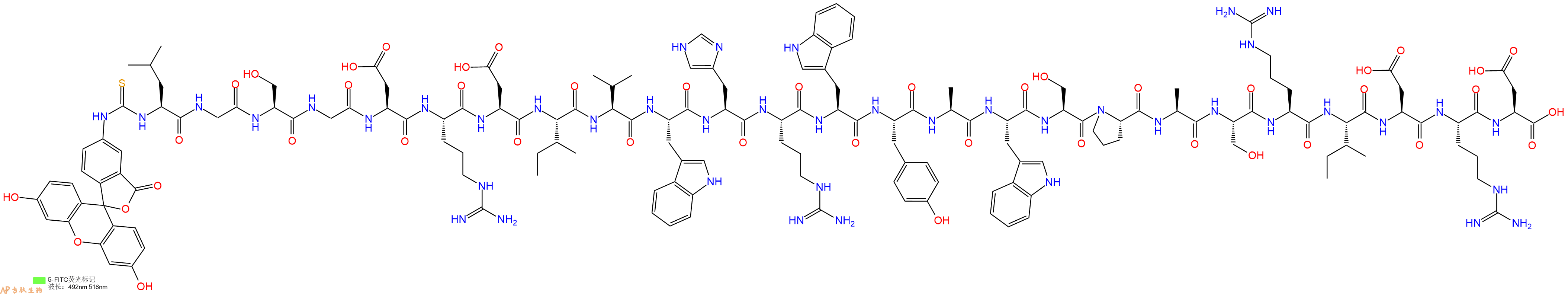 专肽生物产品5FITC-Leu-Gly-Ser-Gly-Asp-Arg-Asp-Ile-Val-Trp-His-Arg-Trp-Tyr-Ala-Trp-Ser-Pro-Ala-Ser-Arg-Ile-Asp-Arg-Asp-OH