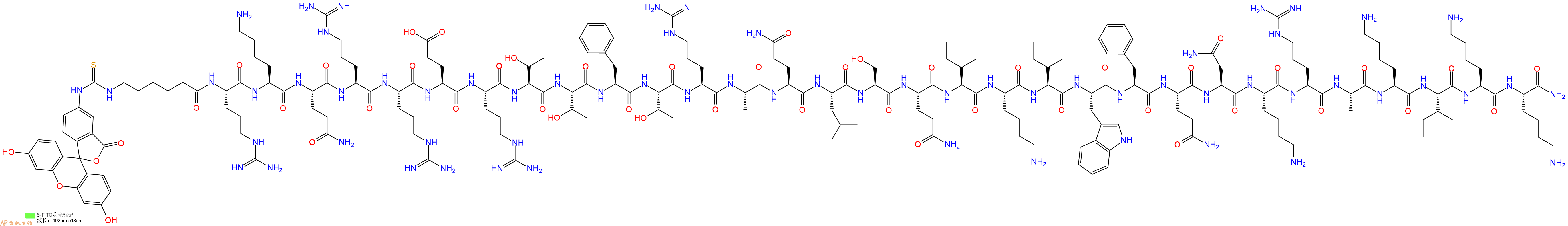 专肽生物产品5FITC-Ahx-Arg-Lys-Gln-Arg-Arg-Glu-Arg-Thr-Thr-Phe-Thr-Arg-Ala-Gln-Leu-Ser-Gln-Ile-Lys-Ile-Trp-Phe-Gln-Asn-Lys-Arg-Ala-Lys-Ile-Lys-Lys-CONH2