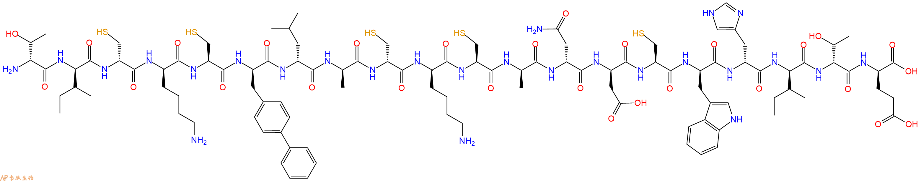 专肽生物产品H2N-DThr-DIle-DCys-DLys-Cys-DBip-DLeu-DAla-DCys-DLys-Cys-DAla-DAsn-DAsp-Cys-DTrp-DHis-DIle-DThr-DGlu-OH