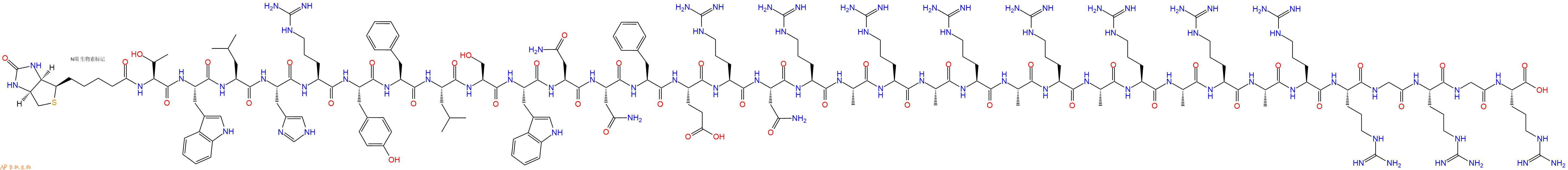 专肽生物产品Biotinyl-Thr-Trp-Leu-His-Arg-Tyr-Phe-Leu-Ser-Trp-Asn-Asn-Phe-Glu-Arg-Asn-Arg-Ala-Arg-Ala-Arg-Ala-Arg-Ala-Arg-Ala-Arg-Ala-Arg-Arg-Gly-Arg-Gly-Arg-OH