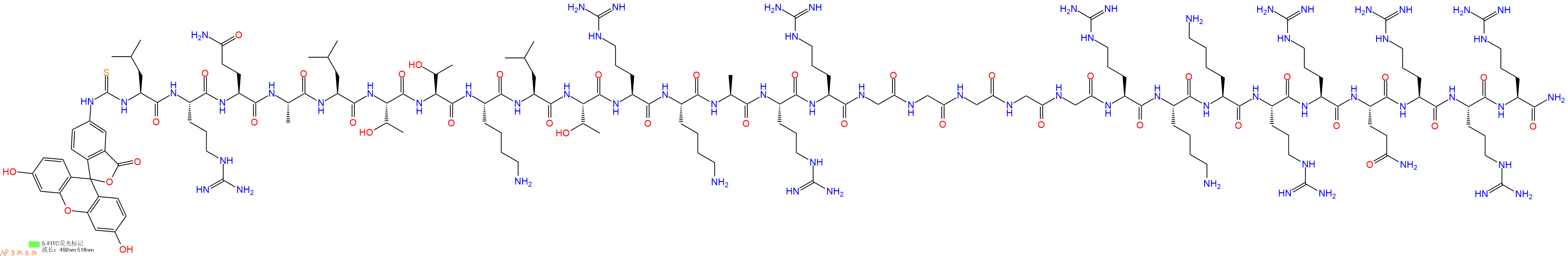 专肽生物产品5FITC-Leu-Arg-Gln-Ala-Leu-Thr-Thr-Lys-Leu-Thr-Arg-Lys-Ala-Arg-Arg-Gly-Gly-Gly-Gly-Gly-Arg-Lys-Lys-Arg-Arg-Gln-Arg-Arg-Arg-CONH2