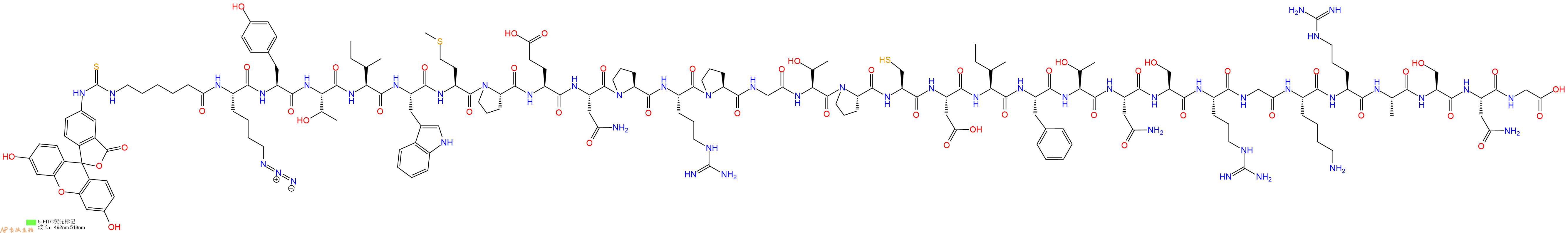 专肽生物产品5FITC-Ahx-Lys(N3)-Tyr-Thr-Ile-Trp-Met-Pro-Glu-Asn-Pro-Arg-Pro-Gly-Thr-Pro-Cys-Asp-Ile-Phe-Thr-Asn-Ser-Arg-Gly-Lys-Arg-Ala-Ser-Asn-Gly-OH