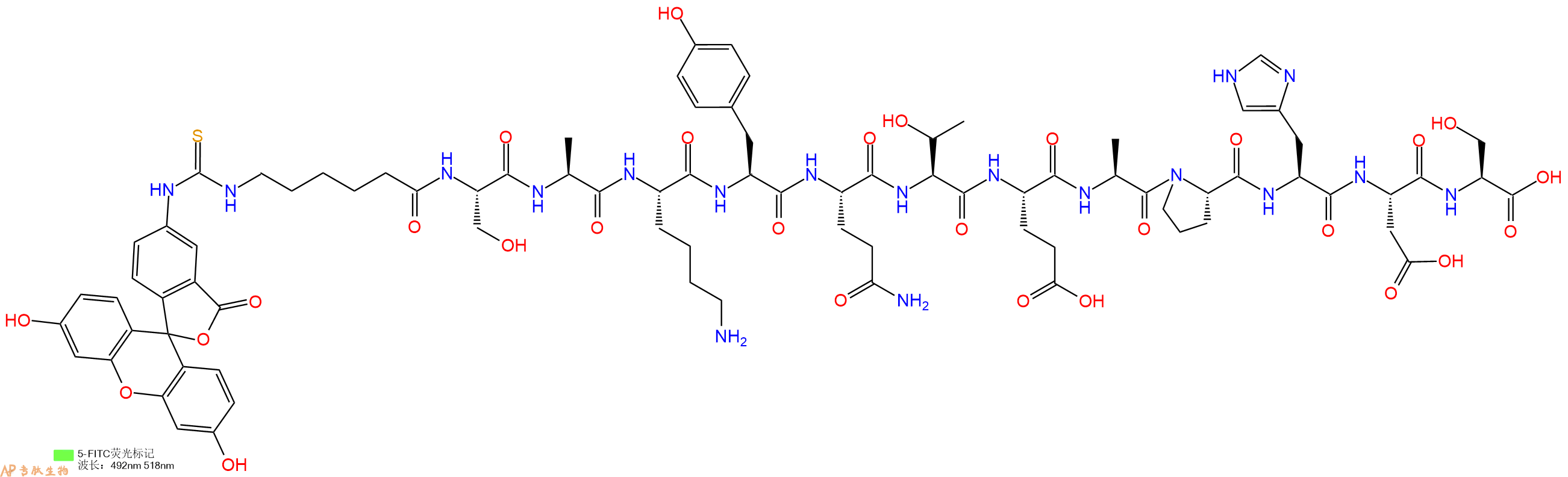 专肽生物产品5FITC-Ahx-Ser-Ala-Lys-Tyr-Gln-Thr-Glu-Ala-Pro-His-Asp-Ser-OH