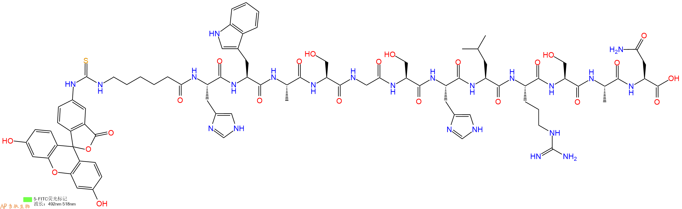 专肽生物产品5FITC-Ahx-His-Trp-Ala-Ser-Gly-Ser-His-Leu-Arg-Ser-Ala-Asn-OH