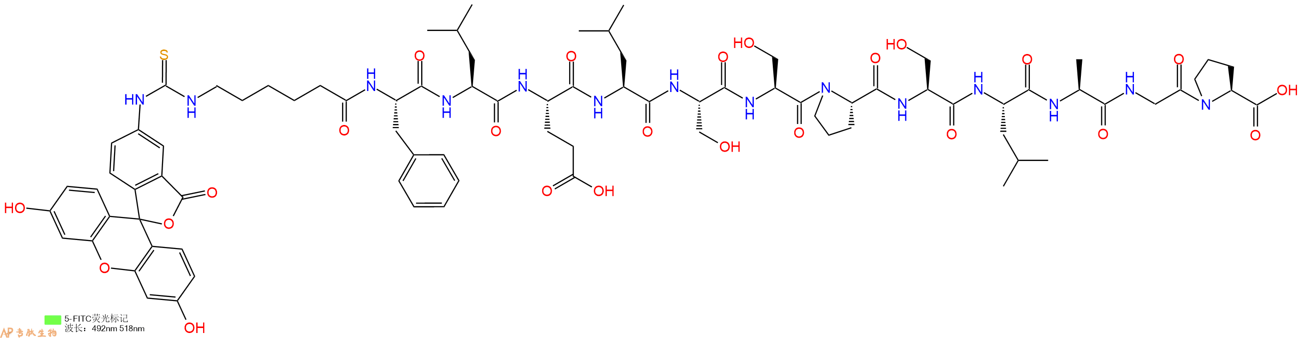 专肽生物产品5FITC-Ahx-Phe-Leu-Glu-Leu-Ser-Ser-Pro-Ser-Leu-Ala-Gly-Pro-OH