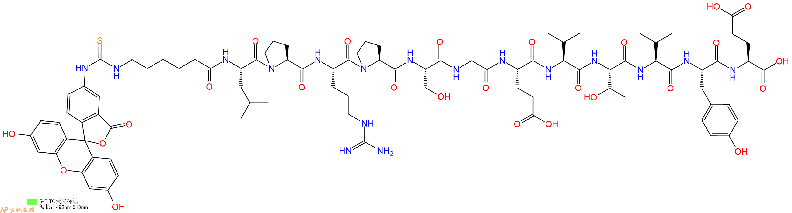 专肽生物产品5FITC-Ahx-Leu-Pro-Arg-Pro-Ser-Gly-Glu-Val-Thr-Val-Tyr-Glu-OH