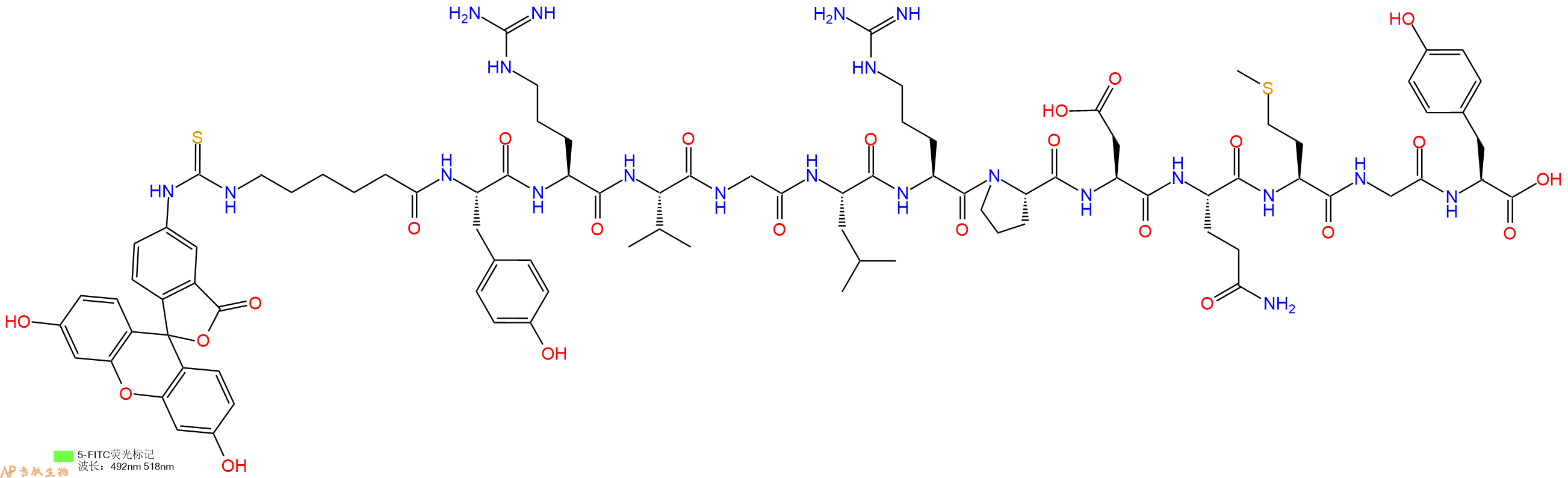 专肽生物产品5FITC-Ahx-Tyr-Arg-Val-Gly-Leu-Arg-Pro-Asp-Gln-Met-Gly-Tyr-OH