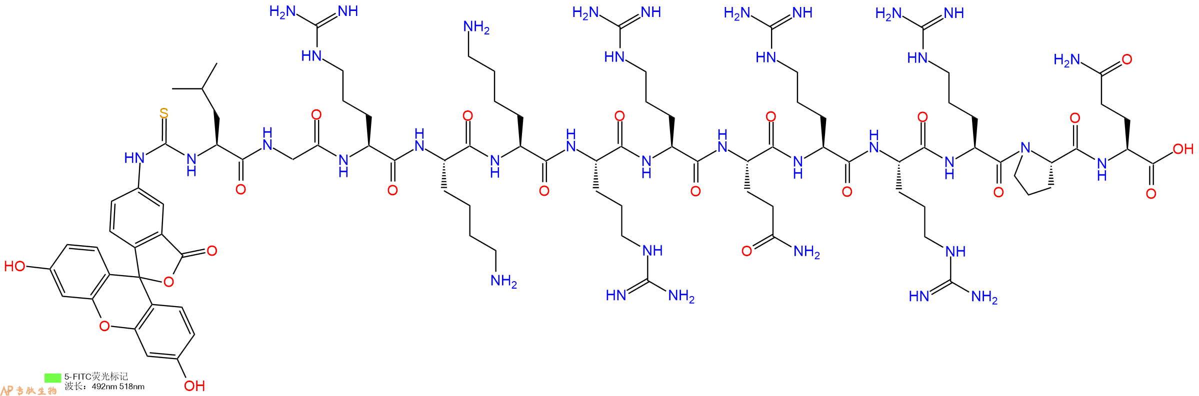 专肽生物产品5FITC-Leu-Gly-Arg-Lys-Lys-Arg-Arg-Gln-Arg-Arg-Arg-Pro-Gln-OH
