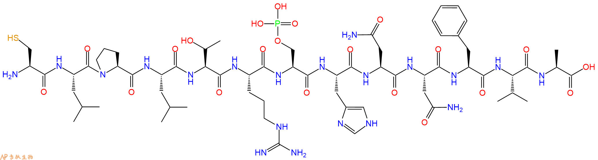 专肽生物产品H2N-Cys-Leu-Pro-Leu-Thr-Arg-Ser(PO3H2)-His-Asn-Asn-Phe-Val-Ala-OH