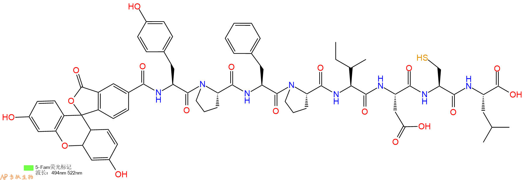 专肽生物产品5FAM-Tyr-Pro-Phe-Pro-Ile-Asp-Cys-Leu-OH